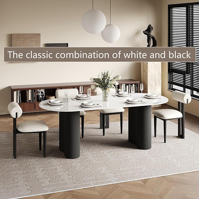 71" Modern Oval Dining Table for 6, Glossy White Sintered Stone Dining Tabletop with Black Dual-Pedestal, Easy Assembly Dining Room Table for Home Kitchen (Table Only)