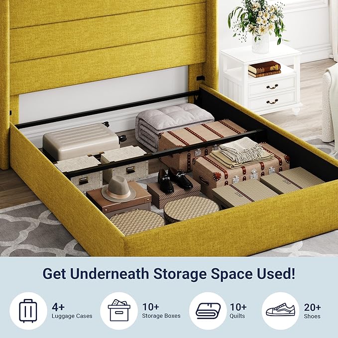 Allewie Full Size Lift Up Storage Bed, Modern Wingback Headboard, Hydraulic Support, No Box Spring Needed, Olive Yellow