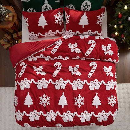 Bedsure Fluffy Christmas Duvet Cover Set - Ultra Soft Plush Shaggy Comforter Cover King Size, Warm Flannel Fleece Bed Sets for Winter, 3 Pieces, Ginger Candy Bell Pattern, Red