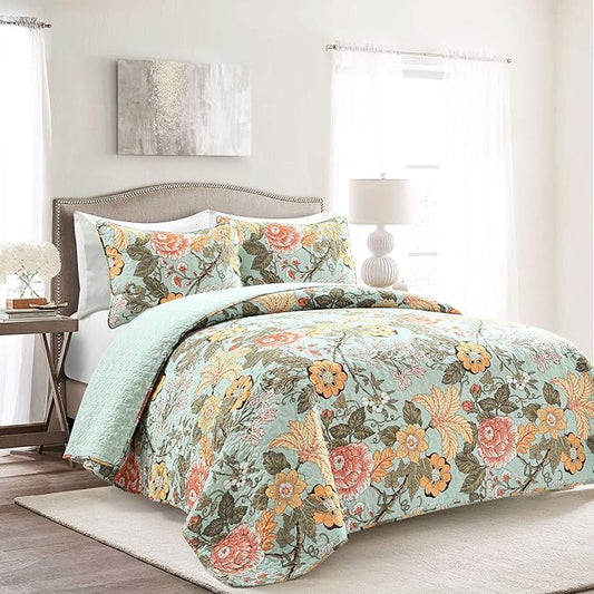 Lush Decor Sydney Reversible Cotton Quilt Set King 3 Piece Bedding, Blue Green