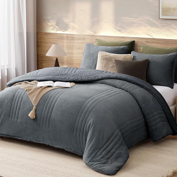 Monbix Fluffy King Size Comforter Set Blue Grey, Sherpa Plush Fuzzy Comforter 3 Piece for King Size Bed, Luxury Soft Winter Warm Bedding Set
