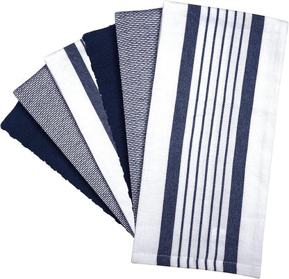 Premium Kitchen Towels 6 Pack Large Cotton Flat Terry Absorbent Tea Towels with Hanging Loop Navy Blue Striped 20x28