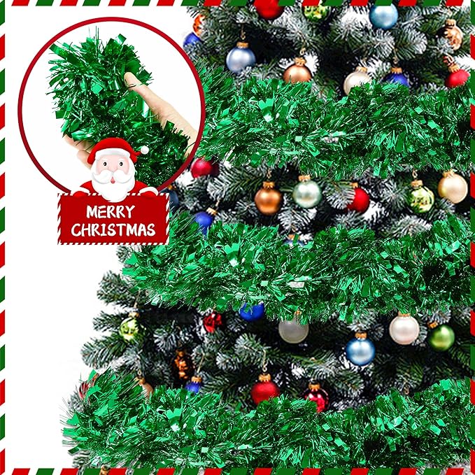 50FT Tinsel Christmas Garland Metallic Twist Garland Shiny Hanging Tinsel for Christmas Tree Party Supplies Indoor Outdoor Home Xmas Decoration (Green)