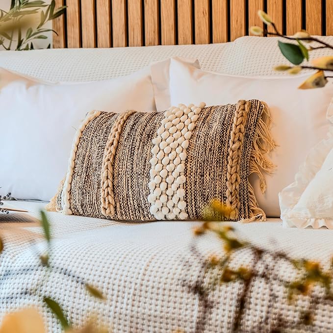 Decorative Boho-Chic Lumbar Pillow Cover 12x20 Premium Handwoven Tufted Cotton &Wool Accent Pillows, Earthy Color Throw Cushion, Farmhouse & Bohemian Home Decor (Limited Edition Cover Only)
