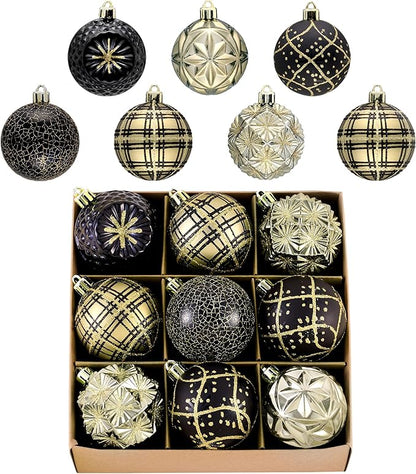 Valery Madelyn Ornaments for Christmas Trees, 9ct 2.36 Inches Black and Gold Shatterproof Christmas Tree Decorations, Luxury Hanging Ball Ornaments for Xmas Holiday Party Decor