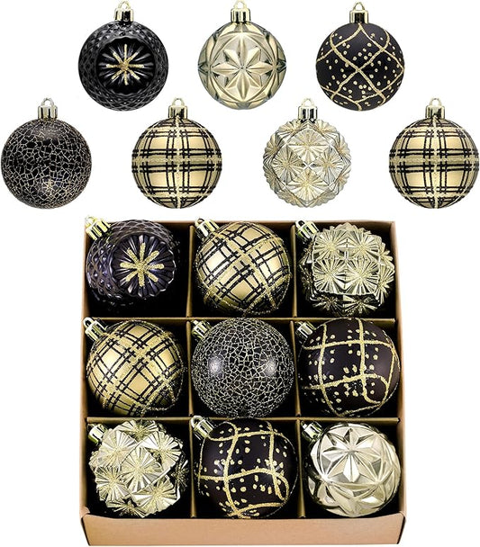 Valery Madelyn Ornaments for Christmas Trees, 9ct 2.36 Inches Black and Gold Shatterproof Christmas Tree Decorations, Luxury Hanging Ball Ornaments for Xmas Holiday Party Decor