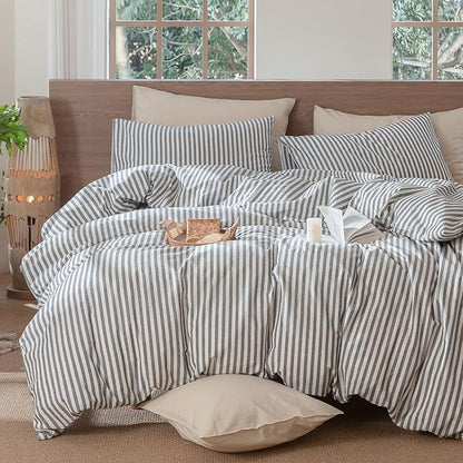 MooMee Striped Duvet Cover Set 100% Washed Cotton Linen Like Textured Breathable Durable Soft Comfy (Dark Grey White Classic Stripes, Queen 90"x90")