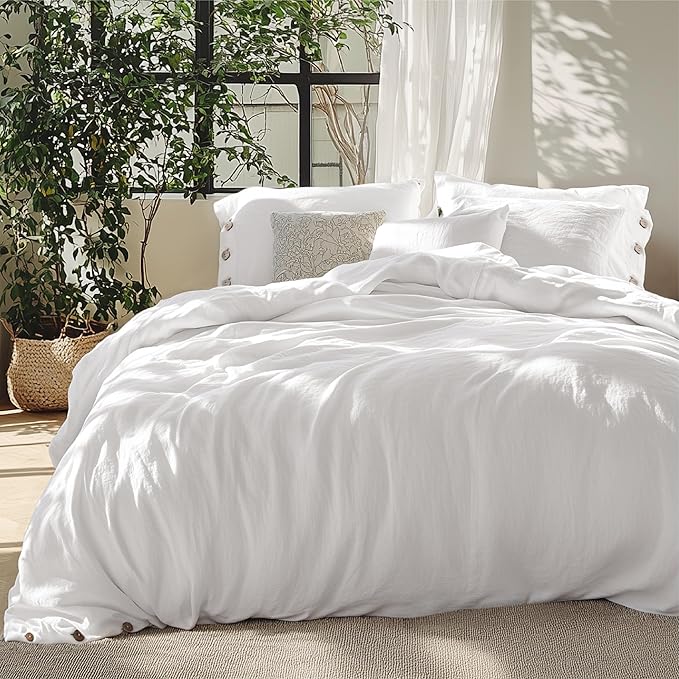 Bedsure Linen Duvet Cover Queen Size - Linen Cotton Blend Bedding Set, Soft & Cozy, 3 Pieces, 1 Duvet Cover 90x90 Inches and 2 Pillowcases, White Color Cooling Bedding, Comforter Sold Separately