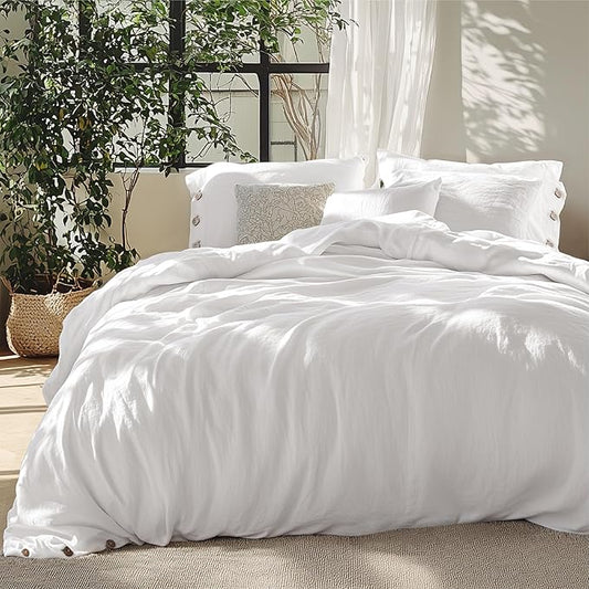 Bedsure Linen Duvet Cover Queen Size - Linen Cotton Blend Bedding Set, Soft & Cozy, 3 Pieces, 1 Duvet Cover 90x90 Inches and 2 Pillowcases, White Color Cooling Bedding, Comforter Sold Separately