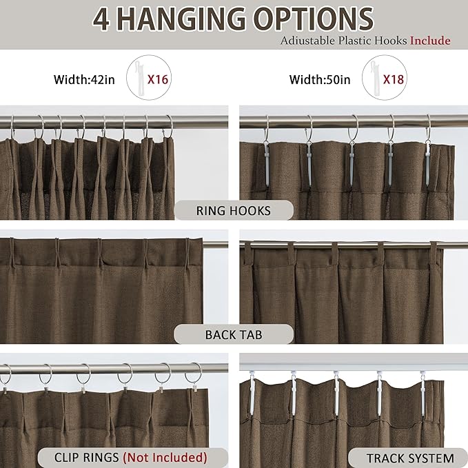 Brown Pleated Linen Curtains 100 Inches Long Farmhouse Semi Sheer Memory Trained Shape Pinch Pleat Drapes with Hooks Back Tab Ripple Fold Curtain for Bedroom Living Room 50x100