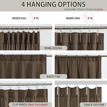 Brown Pleated Linen Curtains 90 Inches Long Farmhouse Semi Sheer Memory Trained Shape Pinch Pleat Drapes with Hooks Back Tab Ripple Fold Curtain for Bedroom Living Room 42x90