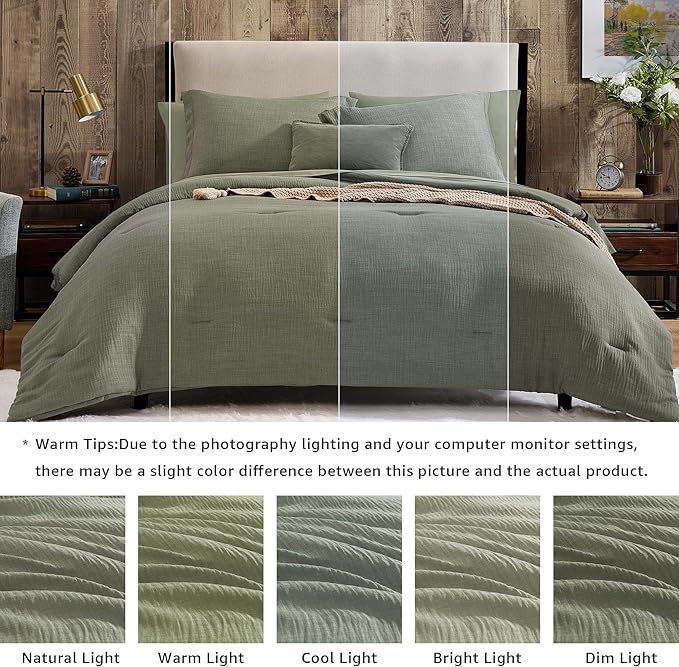Geniospin Full Comforter Set - 7 Pieces Comforter Full Size, Solid Bedding Sets for All Season, Textured Bed in a Bag with Sheets, Pillowcases and Shams (Sage Green, 80''x90'')