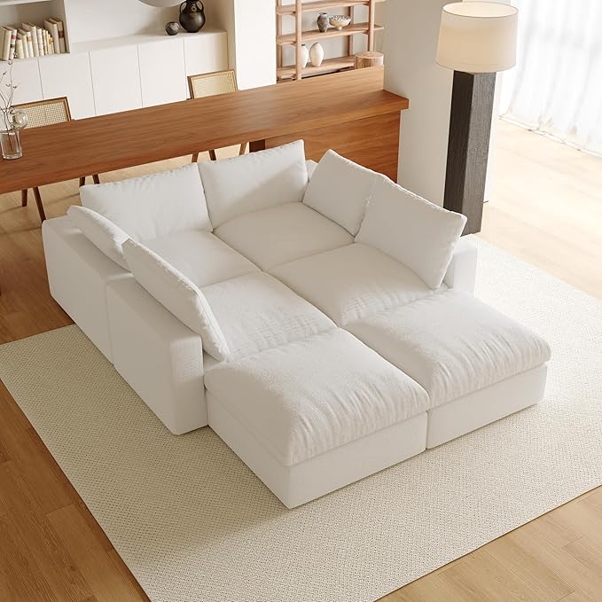 Acanva Modular U-Shaped Sectional Cloud Couch, Free Combination Minimalist Sofa, Convertible to DayBed with Shredded Latex Filled Cushion and Removable Slipcovers for Living Room, 5 Seater + Ottoman