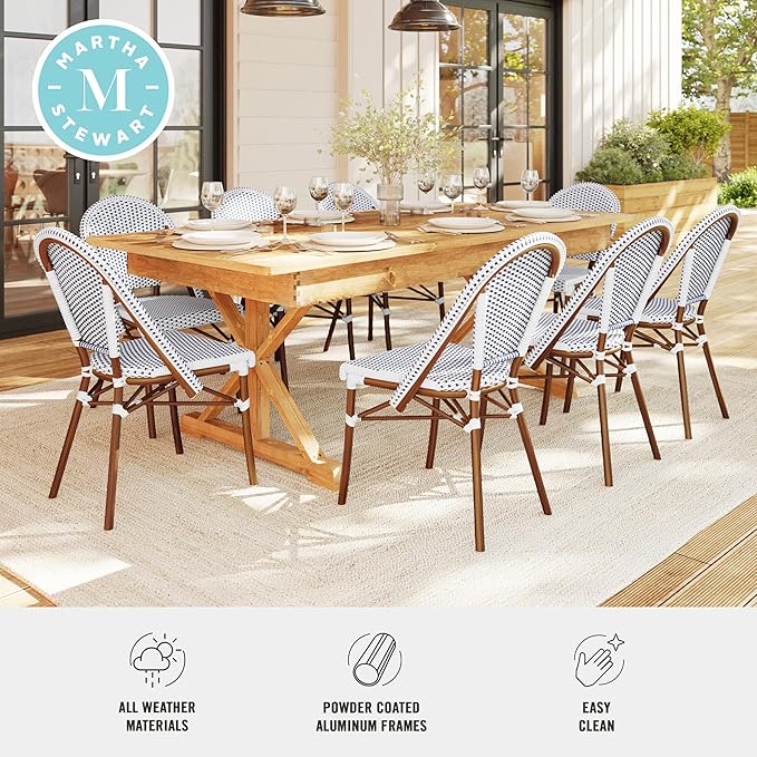 Martha Stewart Lily Pond Indoor-Outdoor Stackable Aluminum Bistro Outdoor Chair with Natural Woodgrain Frame Finish and White/Navy Woven Rattan Backrest and Seat