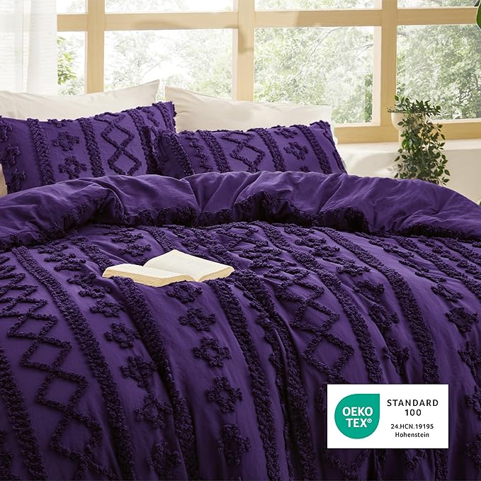Bedsure Tufted Boho Comforter Set King Size - Purple Boho Bed Set, GentleSoft™ 3 Pieces Farmhouse Shabby Chic Embroidery Bedding, Gifts for Woman, Soft Jacquard King Comforter for All Seasons
