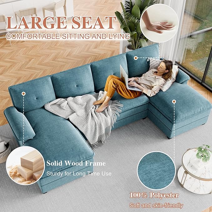 Meilocar U Shaped Sectional Sofa 110" 4 Seat Large Cloud Couch with Wide Chaise Double Cushions, Striped Blue