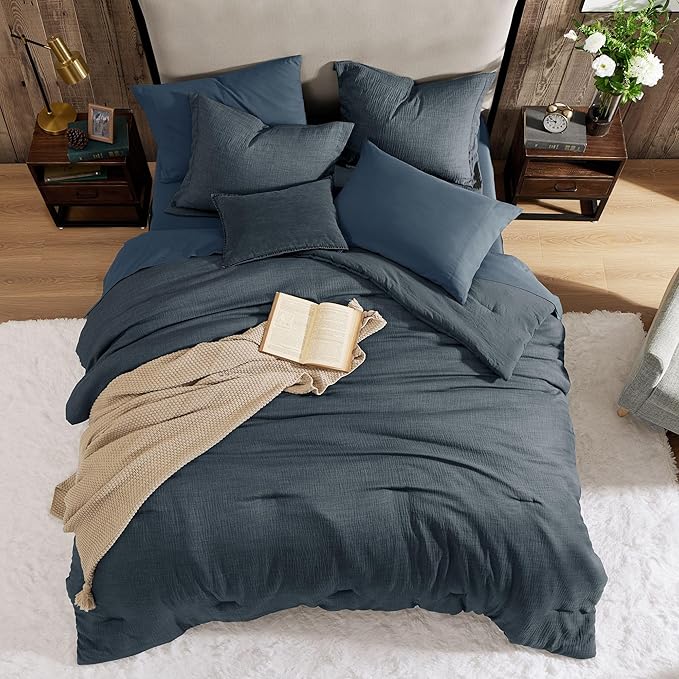 Geniospin Twin Comforter Set - 5 Pieces Comforter Twin Size, Solid Bedding Sets for All Season, Textured Bed in a Bag with Flat Sheet and Fitted Sheet, Pillowcases and Shams (Navy Blue, 66''x86'')