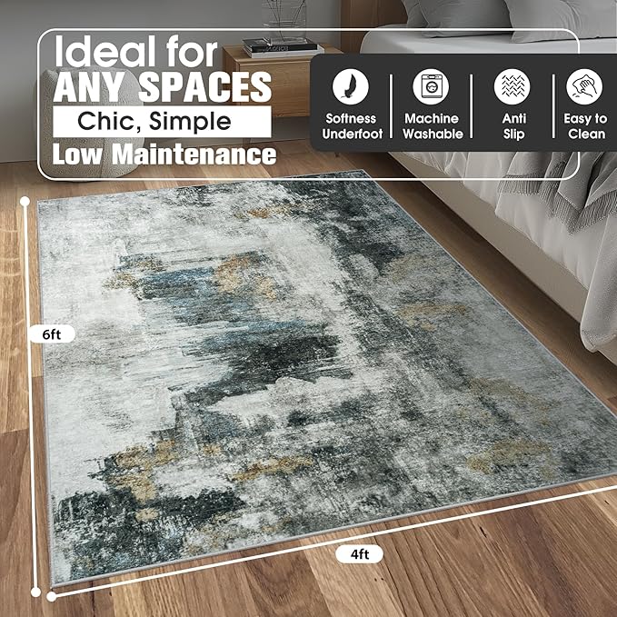 4x6 Area Rugs for Living Room Rug Washable: Abstract Rug for Dining Room Bedroom Carpet Non Slip 4 by 6 Indoor Modern Nursery Home Office Black Gold