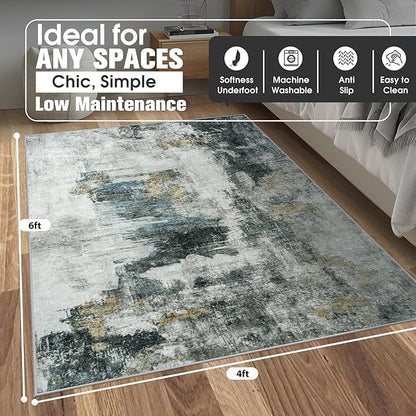 4x6 Area Rugs for Living Room Rug Washable: Abstract Rug for Dining Room Bedroom Carpet Non Slip 4 by 6 Indoor Modern Nursery Home Office Black Gold