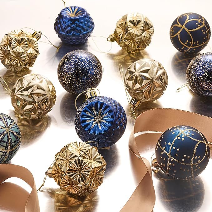Valery Madelyn Ornaments for Christmas Trees, 16ct 2.36 Inches Blue and Gold Shatterproof Christmas Tree Decorations, Luxury Hanging Ball Ornaments for Xmas Holiday Party Decor