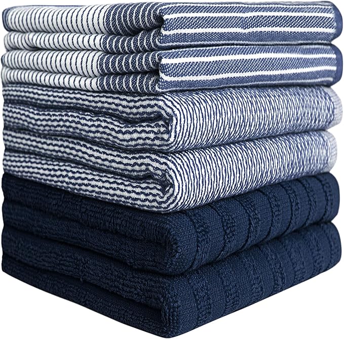 Premium Kitchen Towels 6 Pack Large Cotton Flat Terry Absorbent Tea Towels with Hanging Loop Navy Blue 20x28