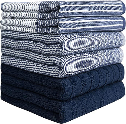Premium Kitchen Towels 6 Pack Large Cotton Flat Terry Absorbent Tea Towels with Hanging Loop Navy Blue 20x28