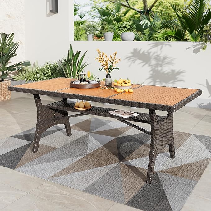 PHI VILLA Outdoor Dining Table for 6/8, 74" Rectangle Wicker Table with Acacia Wood Top & Storage Panel, Large Farmhouse Modern Furniture for Patio, Deck, Backyard, Porch