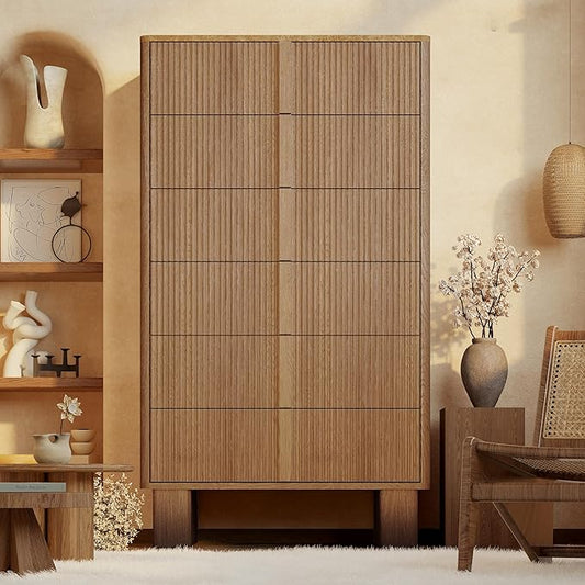 Fluted Dresser for Bedroom with 6 Drawers, 51'' H Modern Chest of Drawers with Wooden Handle, Wooden Dresser TV Stand, Wood Closet Clothes Storage Organizer for Living Room, Hallway, Natural Oak