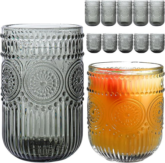Grey Drinking Glasses Set of 12, 14 Oz Highball & 10 Oz Cocktail Glasses, Grey Kitchen Vintage Glassware Set, Floral Embossed Glass Tumbler Cups for Juice, Water, Beer, Whiskey, Coffee