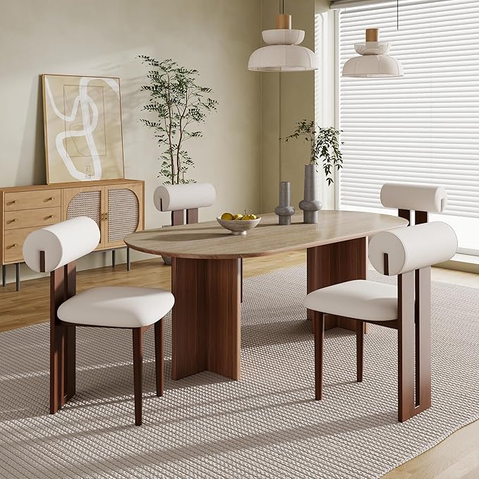 2PCS Modern Dining Chairs – White PU Leather Upholstered Dining Room Chair, Mid Century Kitchen Side Chairs with Brown Solid Wood Legs – No Assembly Required
