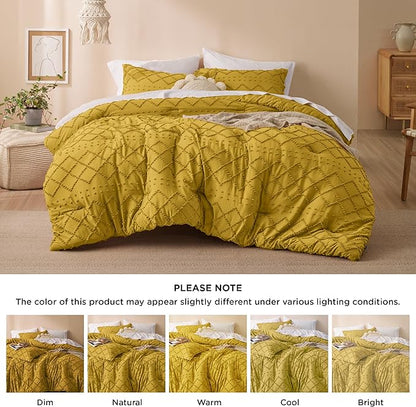 Bedsure Queen Comforter Set - Mustard Yellow Comforter, Boho Tufted Shabby Chic Bedding for Kids, 3 Pieces Vintage Farmhouse Bed Set for All Seasons, Fluffy Soft Bedding with 2 Pillow Shams