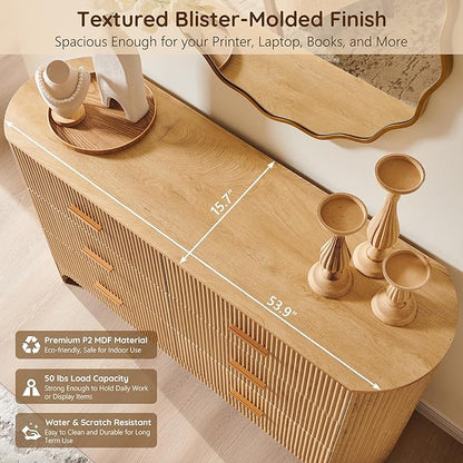 Fluted 6 Drawer Dresser for Bedroom with Curved Profile Design,53.9" W Chest of Drawers with Reeded Texture,Wide Storage Cabinet with Smooth-Glide Drawers,gold metal handle or Living Room,Natural Oak