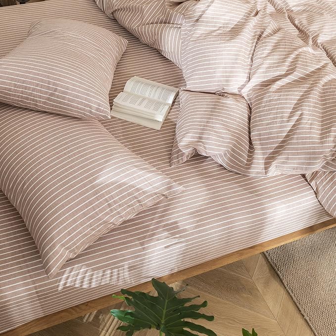 MooMee Striped Duvet Cover Set 100% Washed Cotton Linen Like Textured Breathable Durable Soft Comfy (Orange White Wide Stripes, Full 80"x90")