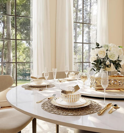 POVISON Round Dining Table for 4, 51" Modern Round Dining Table Built in Lazy Susan, Matte Sintered Stone Tabletop with Black Carbon Steel Pedestal, White