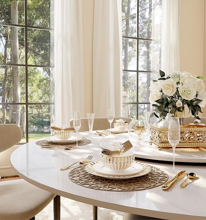 POVISON Round Dining Table for 4, 47" Modern Round Dining Table Built in Lazy Susan, Matte Sintered Stone Tabletop with Black Carbon Steel Pedestal, White