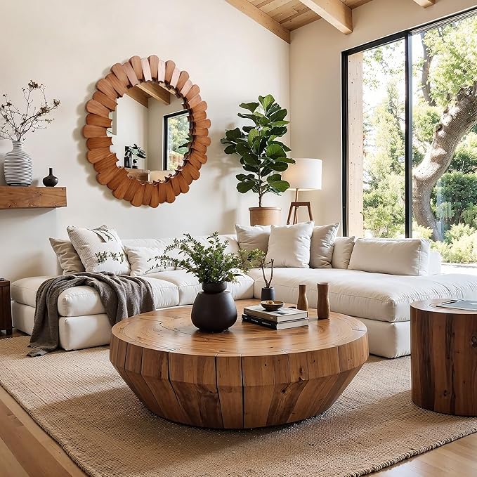 LuxenHome 35-Inch Round Wood Wall Mirror for Lving Room, Vintage Circle Decorative Vanity Mirror with Petal Frame, Wall Mounted Hanging Sculptures for Bathroom Bedroom Entryway Home Decoration