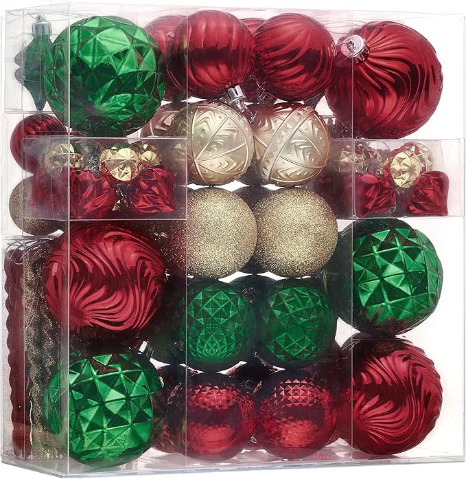Valery Madelyn 100ct Christmas Tree Decorations Ball Ornament Set, Red Green Gold Shatterproof Hanging Ornaments Bulk for Xmas Holiday Party Decor