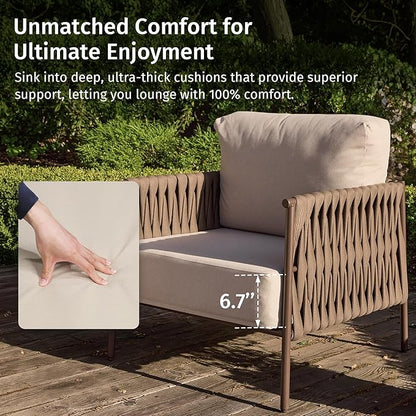 EAST OAK 3-Piece Patio Furniture Set Outdoor Seating Furniture with Cushions | Deep Seating Modern Conversation Set | Garden, Porch, Balcony & Backyard | Chestnut & Apricot