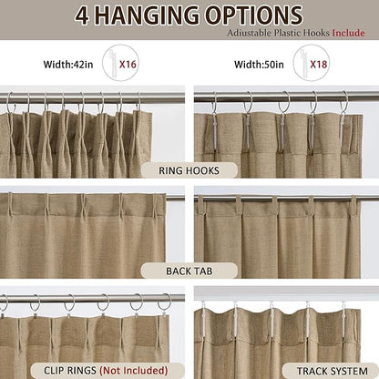 Dark Flax Pinch Pleated Linen Curtains 86 Inches Long Semi Sheer Memory Trained Ripple Fold Curtain with Hooks Back Tab Textured Light Filtering Drapes for Bedroom Living Room 50x86 Set of 2
