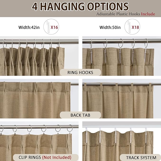 Dark Flax Pinch Pleated Linen Curtains 63 Inches Long Semi Sheer Memory Trained Ripple Fold Curtain with Hooks Back Tab Textured Light Filtering Drapes for Bedroom Living Room 42x63 Set of 2