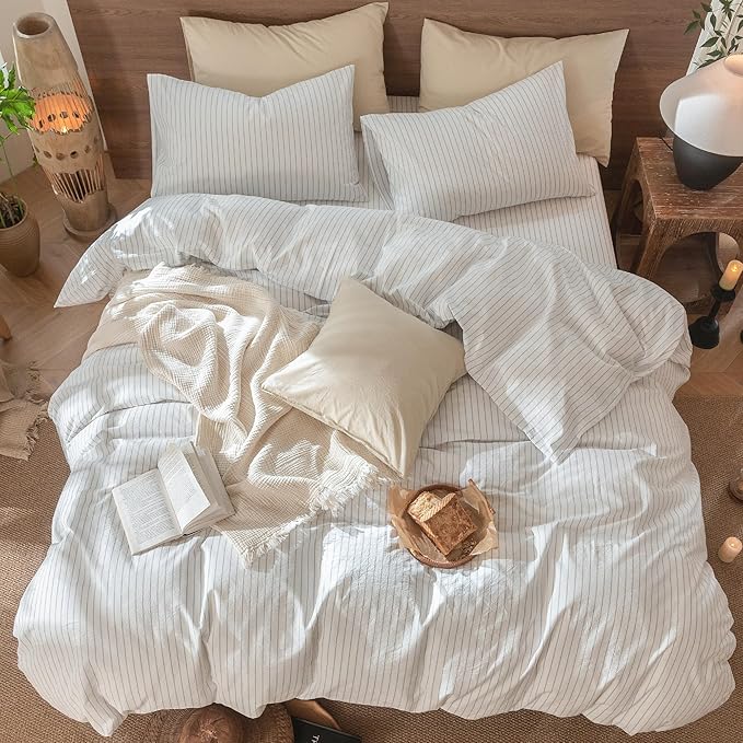 MooMee Striped Duvet Cover Set 100% Washed Cotton Linen Like Textured Breathable Durable Soft Comfy (White Cornflower Blue Wide Stripes, Queen 90"x90")