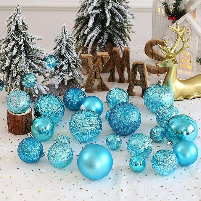 Christmas Ball Ornaments Baby Blue Christmas Tree Decorations with Hang Rope-36pcs Shatterproof Christmas Ornaments Set with 6 Styles in 3 Sizes(Small Medium Large)