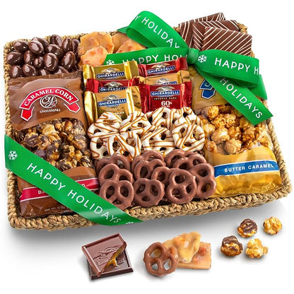 A Gift Inside Happy Holidays Chocolate Caramel and Crunch Grand Gift Basket