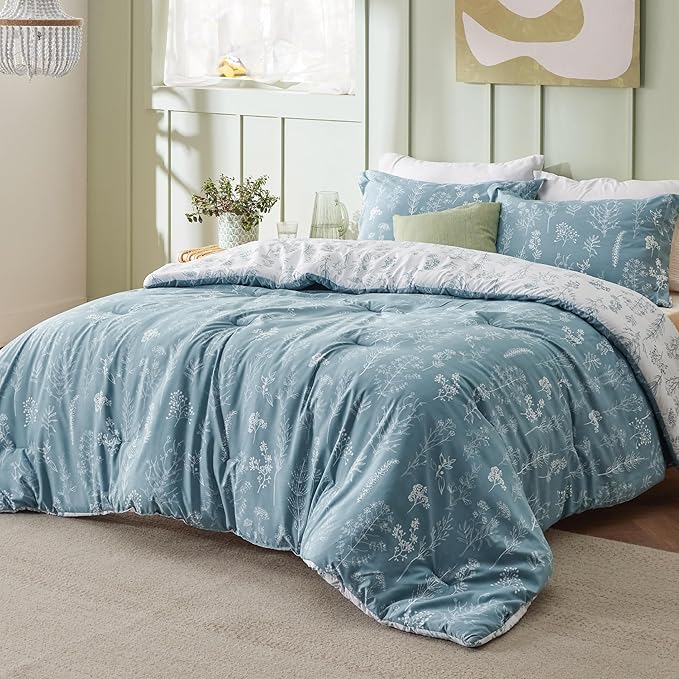 Bedsure King Comforter Set - Mineral Blue Bed Set, 3 Pieces Cute Floral Bedding, 1 Soft Reversible Botanical Flowers Comforter and 2 Pillow Shams