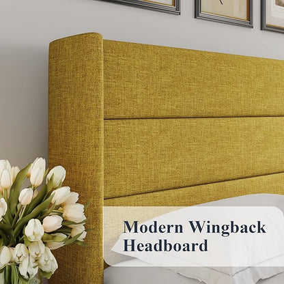 Allewie King Size Lift Up Storage Bed, Modern Wingback Headboard, Hydraulic Support, No Box Spring Needed, Olive Yellow
