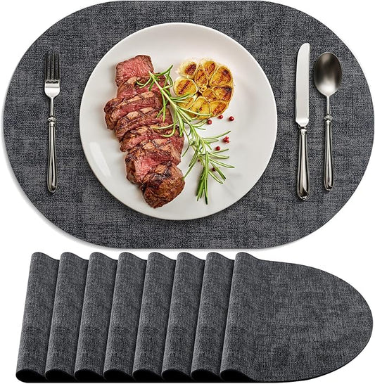 Placemats Set of 8 Non-Slip, Heat Resistant Oval Leather Place mats Double Layer, Waterproof Table Mats Easy to Clean for Kitchen Dining Room Coffee Office Table, Charcoal