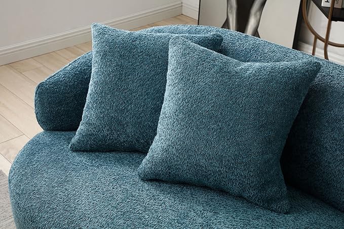 KEIKI 87" Curved Oversized Boucle Cloud Sofa with Thickened Seat Cushions and Backrest, Modern 3-Seater Upholstered Corner Fluffy Couch, No Assembly Required, for Apartment, Living Room, Light Blue