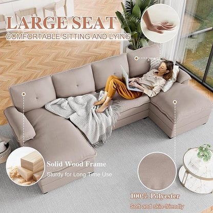 Meilocar U Shaped Sectional Sofa 4 Seat Cloud Couch Double Wide Chaise, Beige
