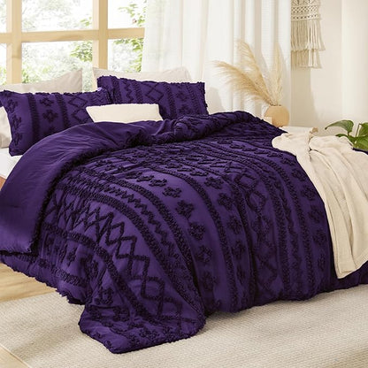 Bedsure Tufted Boho Comforter Set California King - Purple Boho Bed Set, GentleSoft™ 3 Pieces Farmhouse Shabby Chic Embroidery Bedding, Gifts for Woman, Soft Jacquard Comforter for All Seasons