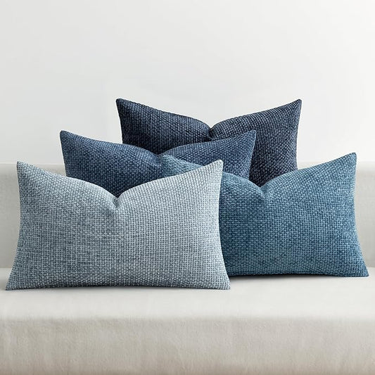 MIULEE Pack of 4 Throw Pillow Covers 12x20 Inch Neutral Blue Soft Decorative Chenille Pillow Covers Farmhouse Accent Cushion Covers for Boho Western Home Coastal Decor Bedroom Living Room